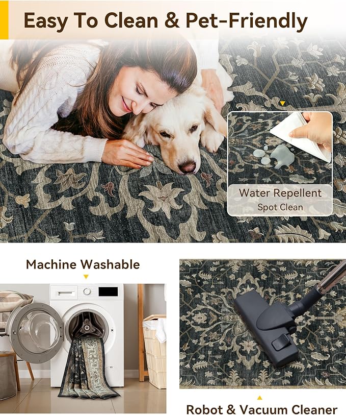 RELEANY Area Rugs Small 2'x4' Washable Non-Slip, Floral Vintage Distress Medallion Carpet for Kitchen Entryway Bathroom, Vintage Black Brown Neutral