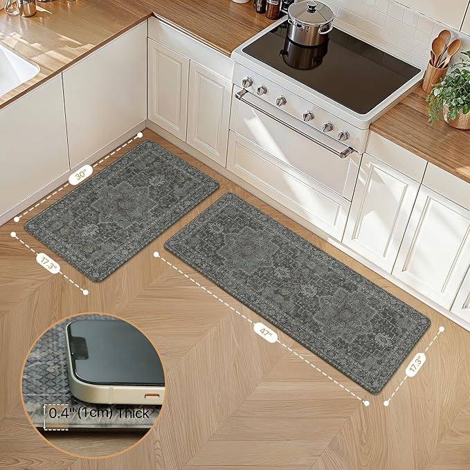 GENIMO Kitchen Mats for Floor 2PCs, Washable Anti Fatigue Mat for Cushioned, 17.3"x47"+17.3"x30", Waterproof Kitchen Rugs, Non Slip Comfort Standing Mat Rug for Home, Sink, Laundry, Dusky Green