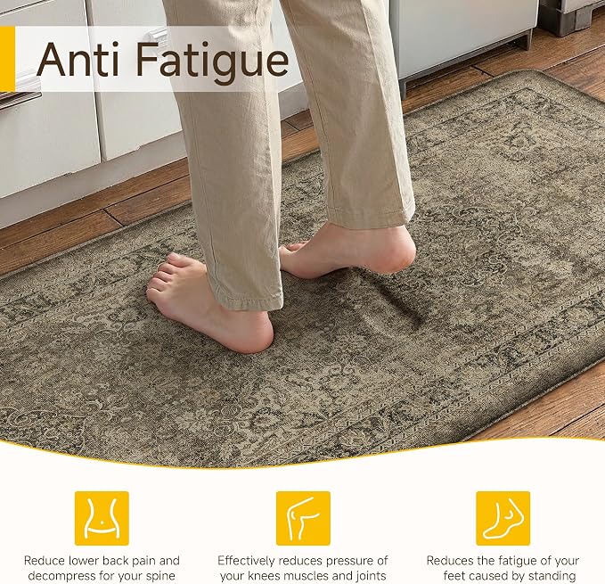 Vintage Kitchen Mats for Floor Anti Fatigue Waterproof Kitchen Rugs Sets of 2 Brown Cushioned Non-Slip Kitchen Mats Comfort Standing Mat for Sink Laundry Office 17.3"×59"+17.3"×30"