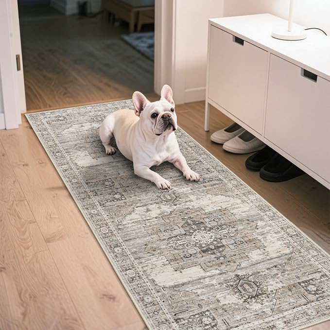 RUUGME Washable 2x6 Runner Rugs - Large Boho Rug for Living Room Vintage Tribal Rugs for Bedroom Kitchen Bathroom Non Slip Backing Home Decor Floor Decoration Mat 2X6 Beige