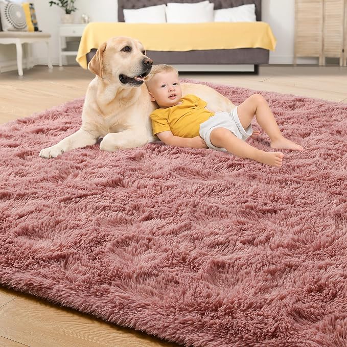 Tepook Blush Pink Area Rugs for Living Room Girls Bedroom, 6x9 Fluffy Shaggy Dusty Pink Rug for Kids Room Playroom, Plush Shag Non-Slip Carpet for Nursery Dorm Classroom, Cute Rose Beige Rug