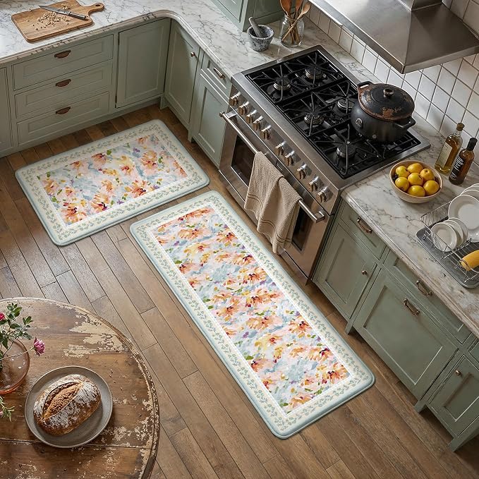 Anti Fatigue Kitchen Mats 2PCS Thick Non Slip Cushioned Rugs Blue Abstract Floral Waterproof Comfort Standing Mats for Floor Sink Laundry Office 17.3"×47"+17.3"×30"