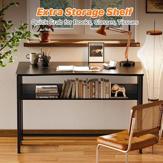 Huuger Folding Desk with Storage Shelf, 39.3 Inch Foldable Computer Table for Small Spaces, Space Saving Sofa Table for Couch, Writing Work Office Computer Desk, Easy to Fold, Black