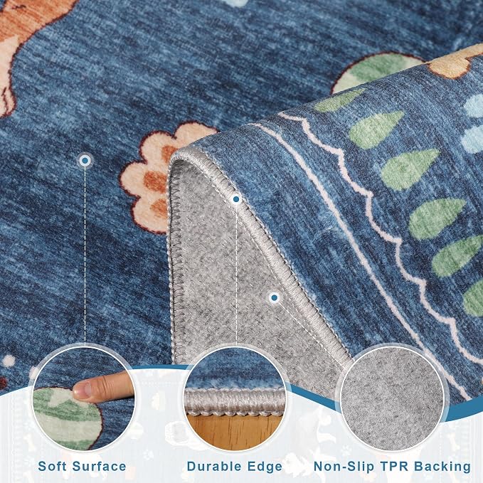 DUKINO 3x5 Area Rug, Lightweight Washable Entryway Rug with Non Slip & Low Pile, Soft Non Shedding Animal Dog Print Pattern Indoor Throw Carpet for Bedroom, Kitchen, Bathroom, Kids Room, Office, Blue