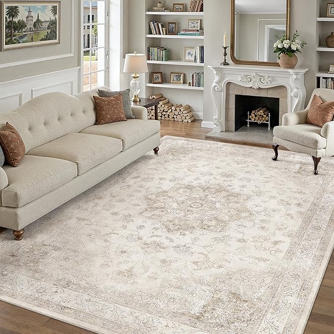PureCozy Beige Area Rug 6x9 Washable Vintage Carpet for Living Room Bedroom Large Soft Retro Low Pile Thin Indoor Rug Non Slip Oriental Medallion Floor Cover for Dining Room Office