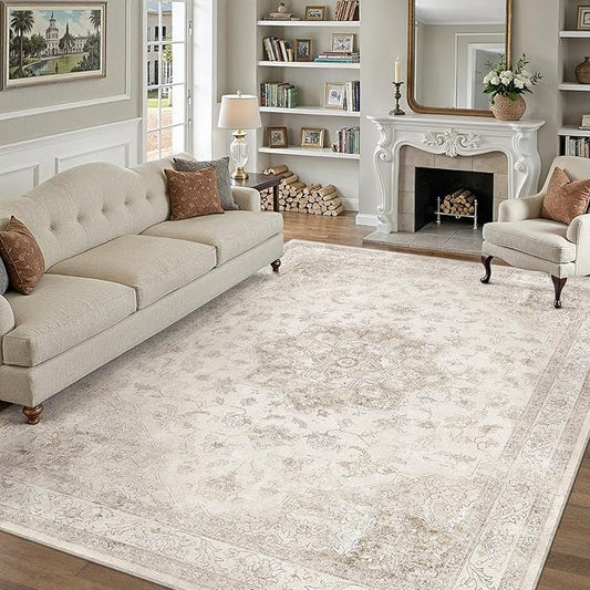 PureCozy Beige Area Rug 10x14 Washable Living Room Carpet Vintage Non Slip Soft Bedroom Indoor Office Retro Low Pile Thin Oriental Medallion Large Rug for Dining Room Bathroom Playroom