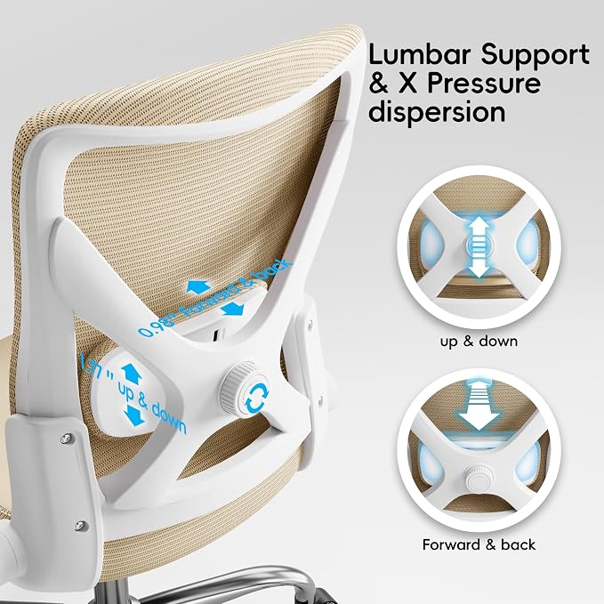 Ergalithic Office Home Ergonomic Desk Chair-Computer X-Shaped Chair Mesh PU Leather with Adjustable Lumbar Support-Executive Chair High Back Flip-Up Arms for Long Hours (Khaki-No Headrest)