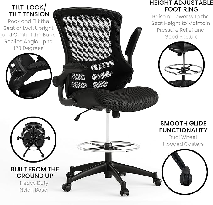 Flash Furniture Kelista Mid-Back Swivel Office Chair with Adjustable Seat Height, Ergonomic Mesh Desk Chair with Flip-Up Armrests, Black | Adjustable Foot Ring, Mid-Back, Flip-Up Arms, Mesh Back