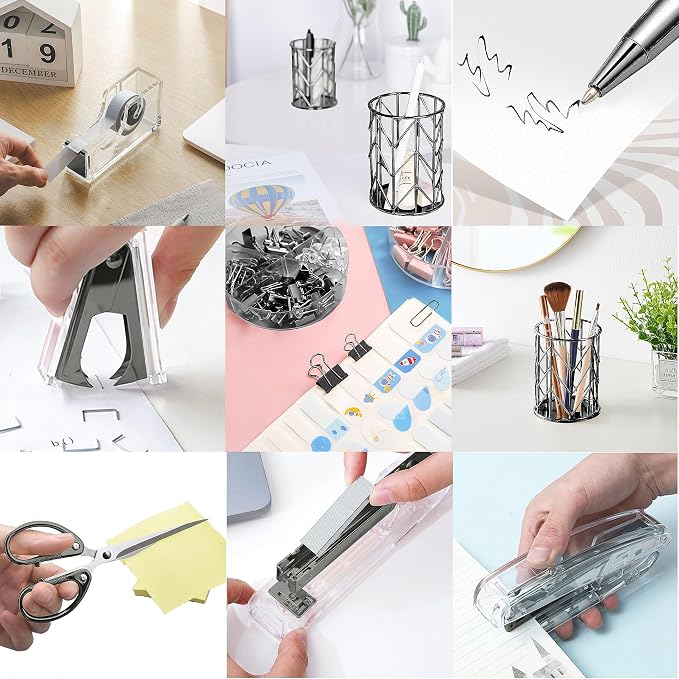 Office Desk Accessories，Office Supplies Set Acrylic Stapler Set Staple Remover, Tape Holder, Pen Holder, 2 Ballpoint Pen, Scissor, Binder Clips, Paper Clips and 1000pcs Staples(Black)