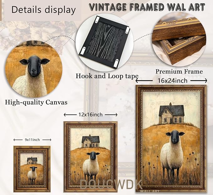 Vintage Gold Framed Wall Art Retro Country Sheep Oil Painting Canvas Prints Farmhouse Landscape Picture Wall Decor Rustic Farmhouse Animal Poster Artwork for Living Room Bedroom Bathroom, 12x16in