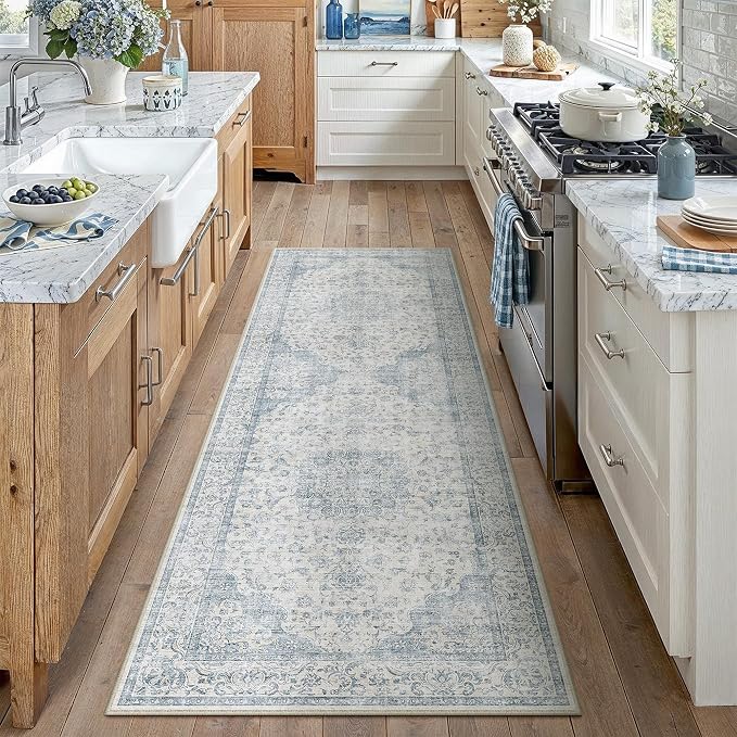 PureCozy 2x6 Runner Rug Washable Neutral Blue Vintage Hallway Kitchen Carpet Non Slip Low Pile Soft Floral Indoor Long Throw Rug for Bedroom Bathroom Laundry Living Room