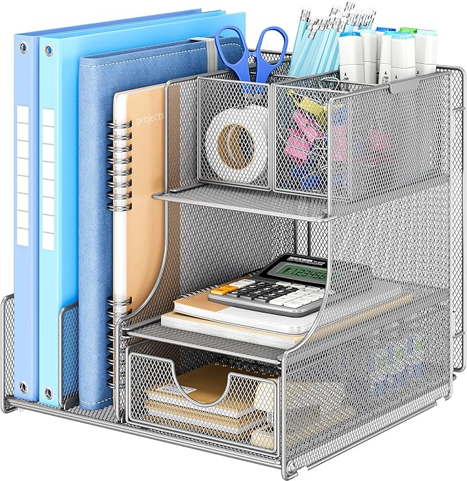 Lavatino Desk Organizer – 4-in-1 Silver Mesh Office Supplies Organizer with Pen Holder, File Holder, Desktop Tray, and Drawer for Home, Office, Classroom