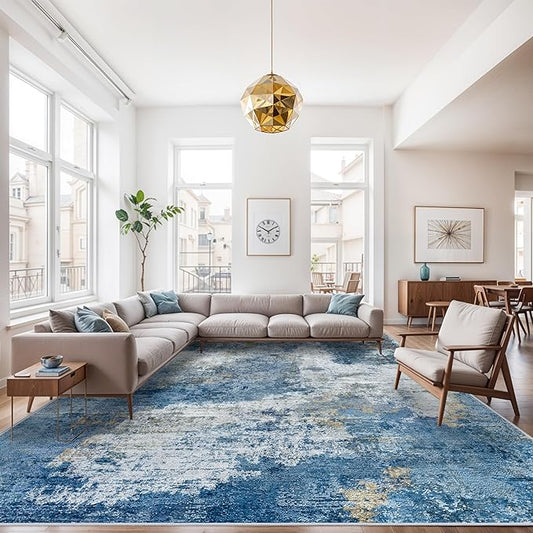 Living Room Area Rugs 9x12: Abstract Washable Bedroom Rugs with Non Slip Rubber Backing Stain Resistant Carpet for Dining Room Soft Indoor Floor Decor Mat for Households/Newlyweds 9x12 Blue White