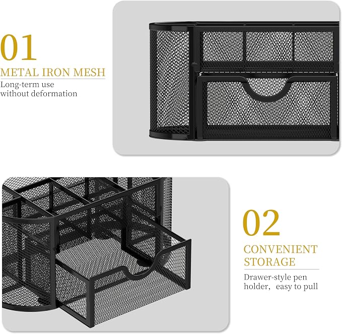 SUPEASY Mesh Desk Organizer, Desk Accessories & Workspace Organizers with Drawers, Pencil Holder for Desk with 9 Compartments for Office Supplies, School, Classroom, 8.6 x 4.3 x 4.1 Inch, Black