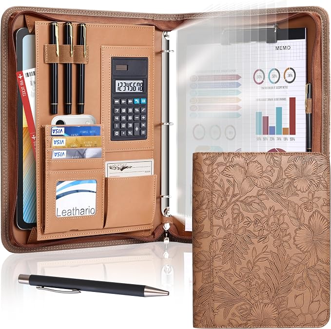 Leathario Portfolio Binder, Includes 5 Sheet Protectors and a Pen, 13 Inch Tablets Organizer, Vegan Leather A4 Padfolio, Multi-Pocket Notepad Business Planner Professional Document