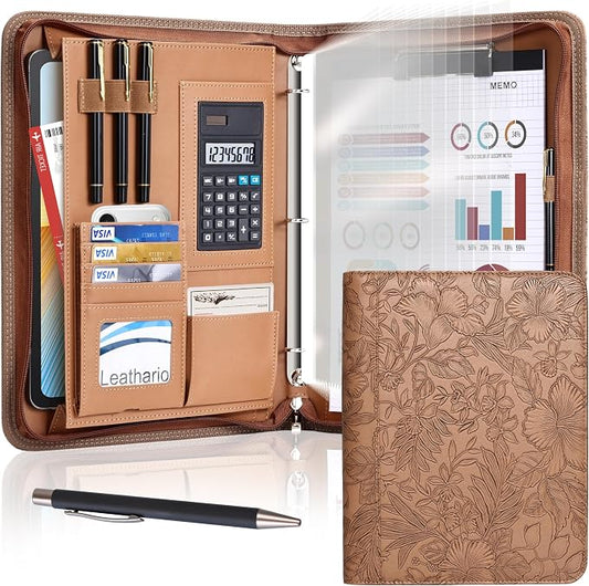 Leathario Portfolio Binder, Includes 5 Sheet Protectors and a Pen, 13 Inch Tablets Organizer, Vegan Leather A4 Padfolio, Multi-Pocket Notepad Business Planner Professional Document