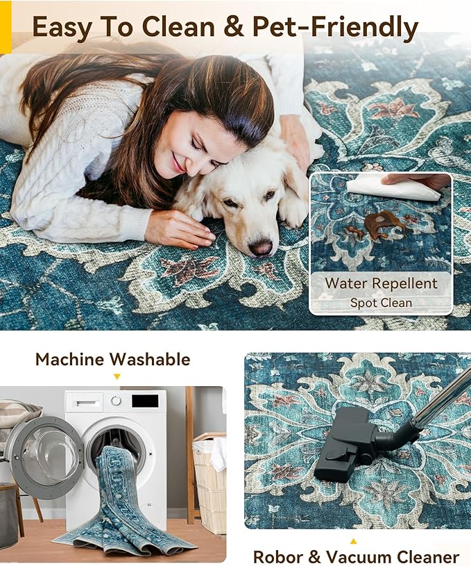 RELEANY Area Rugs Runner 3'x9' Washable Non-Slip, Floral Vintage Distress Medallion Carpet for Kitchen Hallway Bedroom Beside Laundry Room Bathroom, Teal Green Lake Blue Turquoise