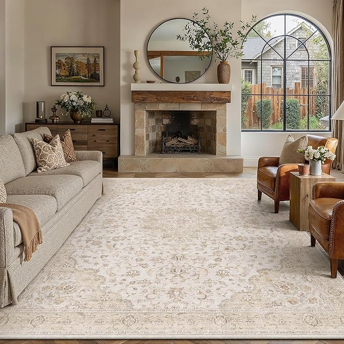 PureCozy 8x10 Area Rug Washable Neutral Beige Brown Vintage Living Room Bedroom Carpet Non Slip Low Pile Soft Floral Indoor Large Throw Rug for Dining Room Office