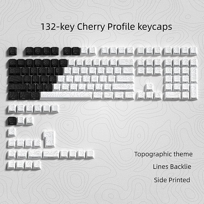 dagaladoo Double Shot PBT keycaps for Mechanical Keyboard,Black/White Topographic Key Board keycaps,Shine Through Custom Key caps,Cherry Profile Key caps for US Layout 60% 75% 100% Keyboard