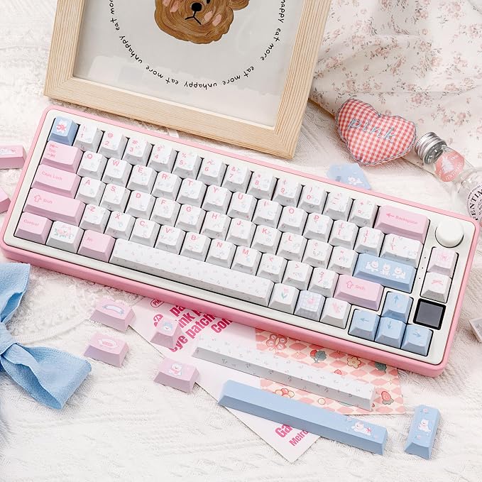 PBT Japanese Keycaps, Pink White Keycap, Floral Prints Custom Keycap Set 145 Full Keys, Cute Keycaps, Cherry Profile Keyboard Key Cap for Cherry Gateron MX Switches Mechanical Keyboard