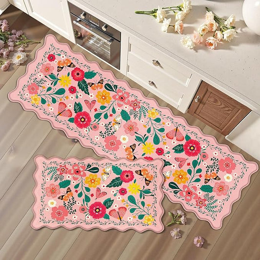 Scalloped Pink Kitchen Mats for Floor 2PC Cushioned Anti Fatigue Kitchen Mats Rugs Waterproof Non Slip Boho Floral Comfort Foam Standing Mat for Sink Laundry,17.3x30+17.3x59