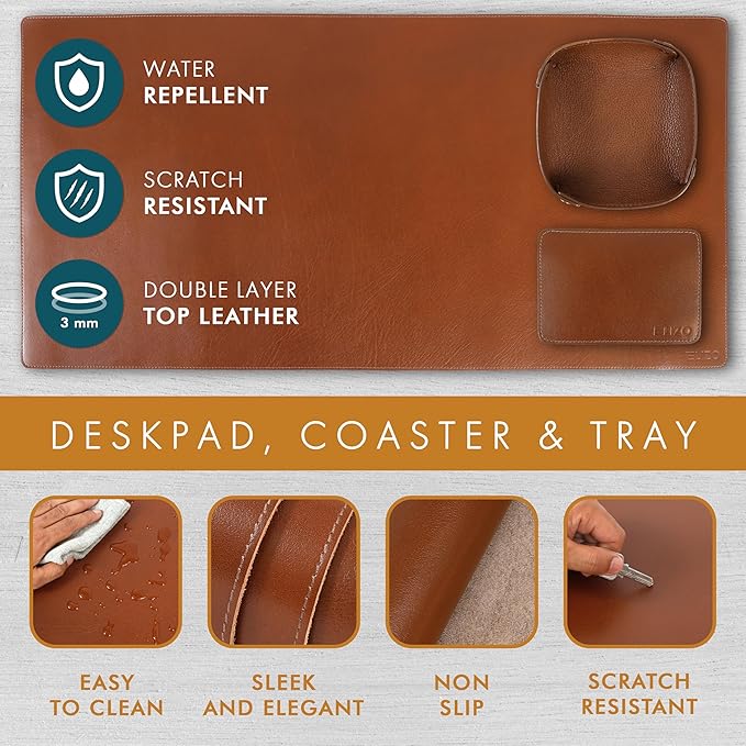 ELIZO Leather Desk Pad Real Leather Desk Mat Thick (3mm) Double Layer (32x16) Cover Blotter Desk Protector Large Computer Mat for Keyboard Mouse Pad Table Laptop Mat Office Accessories - Camel