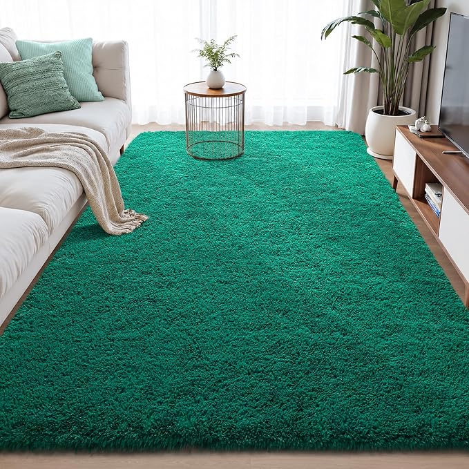 Zentavio Emerald Green Rugs for Bedroom 6x9 Dark Green Area Rugs for Living Room Fluffy Fake Grass Large Carpet for Kids Room Playroom Furry Shag Aesthetic Soft High Pile Washable Home Decor