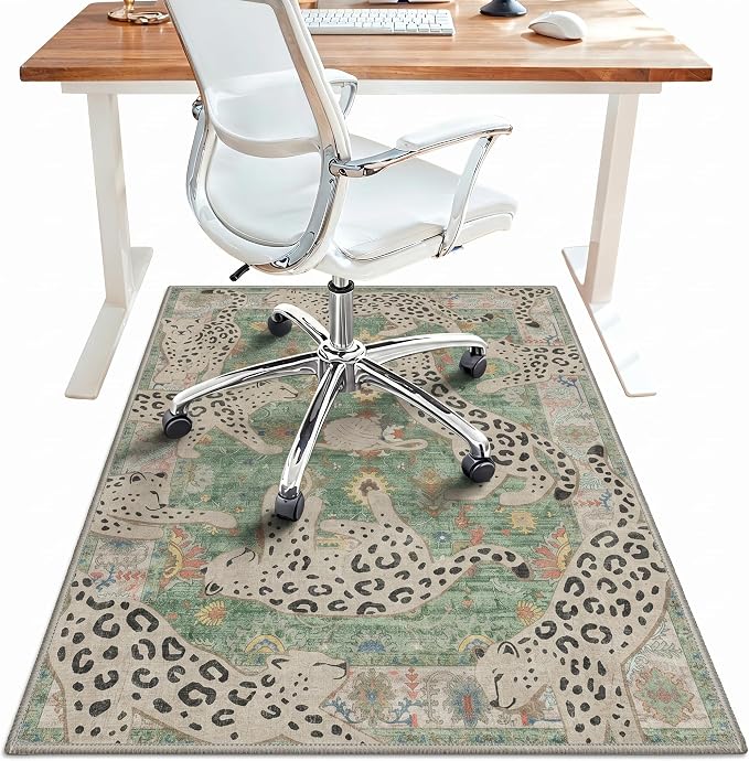 36"x60" Office Chair Mat for Hardwood Tile Floor, Under Desk Carpet Protector for Rolling Computer Chair Mat, Machine Washable Area Rug, Anti-Slip 1/5" Thick Low Pile Thin Floor Mat, Leopards Sage