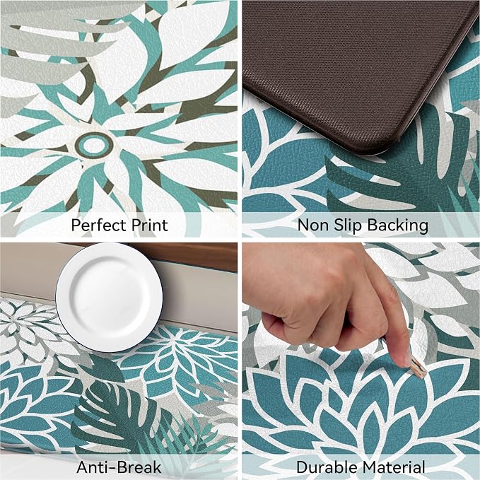 Arenarug Kitchen Mats for Floor 2PCS Cushioned Anti Fatigue Kitchen Mats Waterproof Non Slip Kitchen Mat Rug Set Comfort Foam Standing Mat for Sink, Laundry, Office,17.3" x 28" + 17.3" x 59", Teal