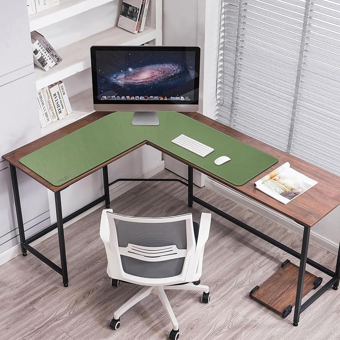 Mydours L-Shape Desk Pad, (38"+38") x 13" Large PU Leather Corner Desk Mat Blotter, XXL Large Waterproof Gaming Mouse Pad, Desktop Protector for Computer Keyboard Home Office (Green)