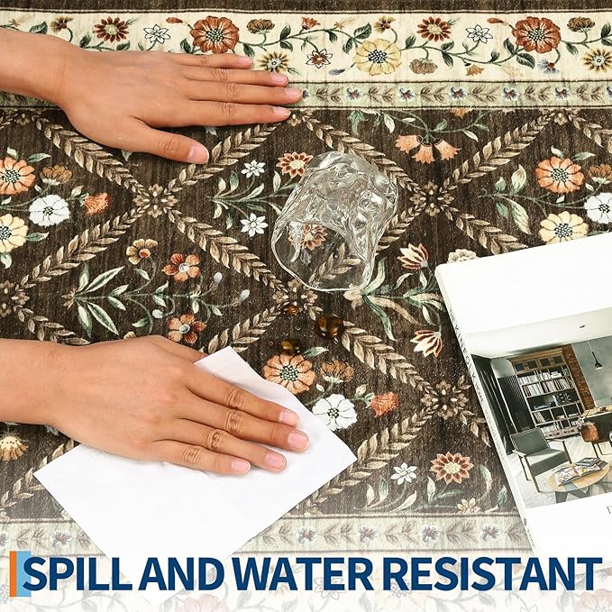 Large Entryway Rug 3x5 Floral Washable Area Rugs Vintage Soft Non-Slip Small Floor Carpet Doormat Stain Resistant Low-Pile Ultra-Thin Entry Mat for Bedside Kitchen Brown