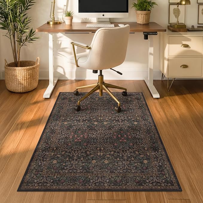 Dark Brown 3x4 Washable Office Rugs for Rolling Chairs, Small Low Pile Home Office Rug for Computer Gaming Chair, Slip-Resistant and Area Rug for Protecting Floors, Boho Taupe Floral Design