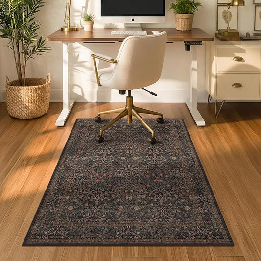 Dark Brown 3x4 Washable Office Rugs for Rolling Chairs, Small Low Pile Home Office Rug for Computer Gaming Chair, Slip-Resistant and Area Rug for Protecting Floors, Boho Taupe Floral Design