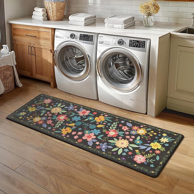 GENIMO Anti Fatigue Kitchen Runner Mats for Floor, Cushioned Standing Mats | 23"x71" , Black vintage floral rug set, waterproof, non slip, easy-clean for farmhouse