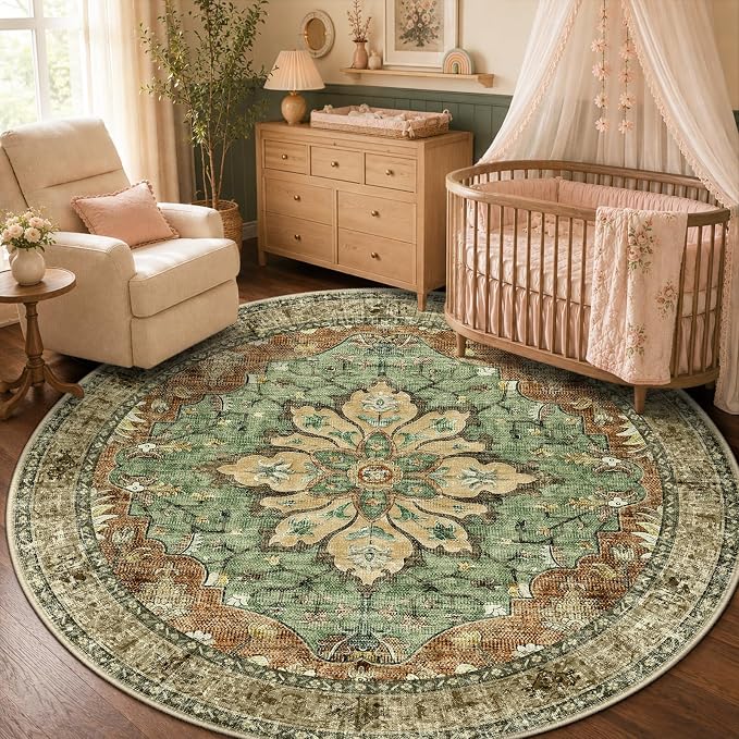 RELEANY Area Rugs Round 5ft Washable Non-Slip, Floral Vintage Distress Medallion Carpet for Living Room Bedroom Dining Room, Terracotta Burnt Orange Green
