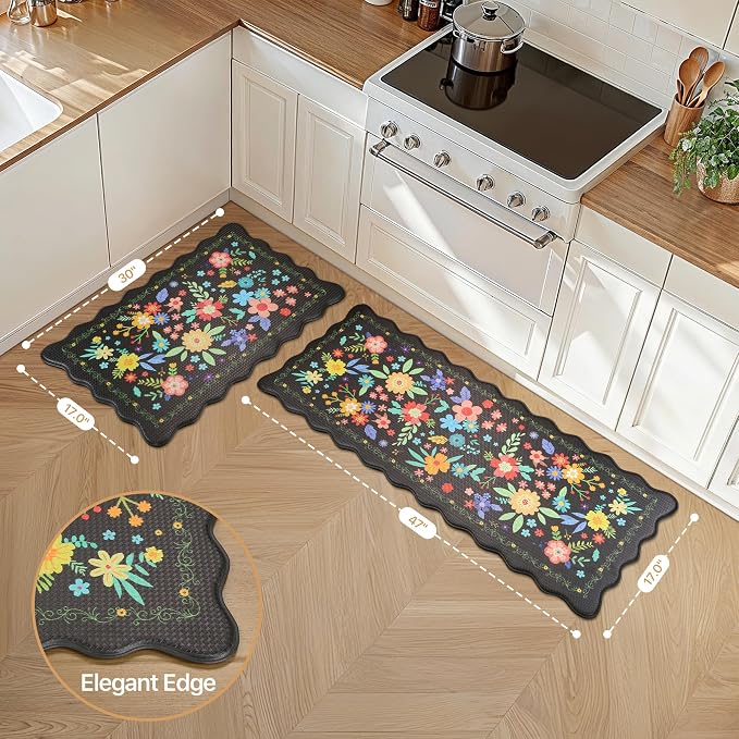 GENIMO Anti Fatigue Kitchen Mats for Floor 2PCS, Cushioned Standing Mats | 17.3"x47"&17.3"x30", Jet Black vintage floral rug set, waterproof, non slip, easy-clean for farmhouse