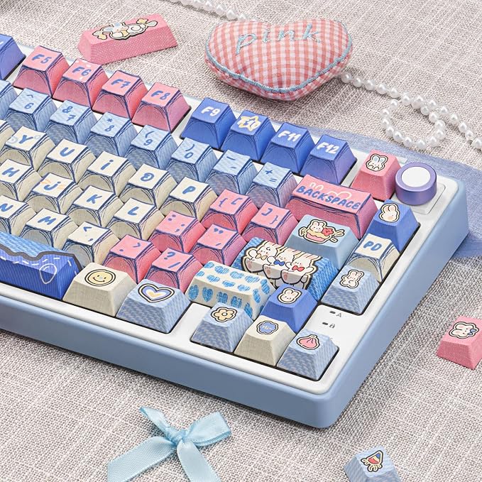 Manga Themed Keycaps 134 Key PBT Keycap Set Cherry Profile Dye-Sublimation Cute Keycaps with Denim Bunny Design for 61/87/104/108/84/64/98/96 Mechanical Keyboard