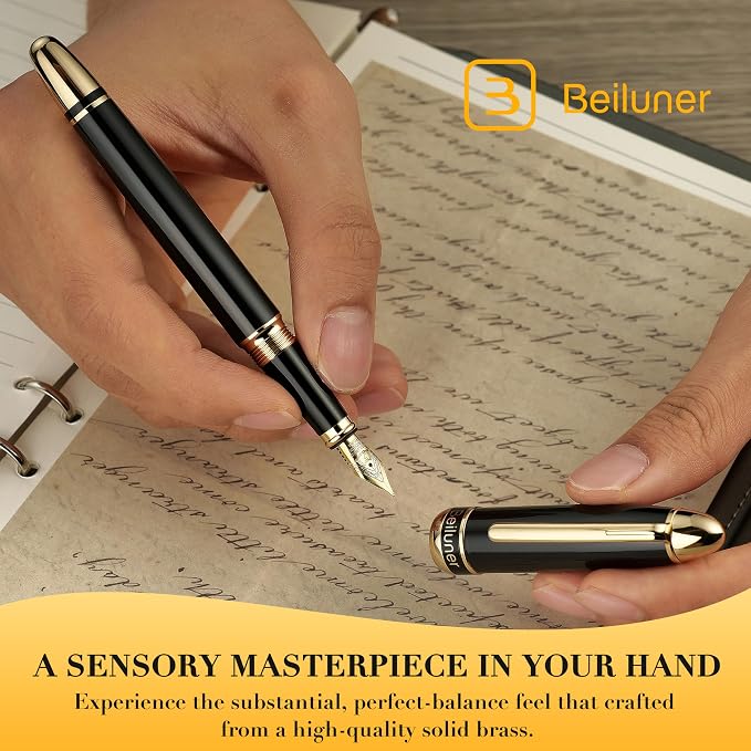 BEILUNER 315 Black Fountain Pen,Stunning Luxury Pens with 24K Gold Accents, Gorgeous 24K Gilded Nib(Fine), Ink Converter,Fancy Pen Gift for Men&Women-Elegant, Office, Graduation, Nice Design