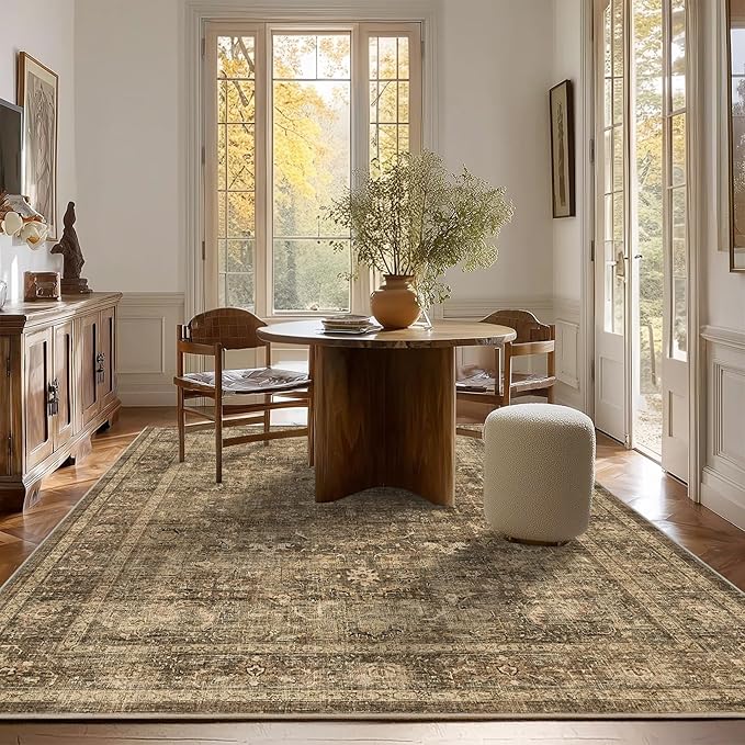 6x9 Brown Washable Area Rugs for Living Room Non Slip Low Pile Vintage Boho Throw Rug Soft Retro Distressed Floral Large Carpet Indoor Farmhouse Decor for Bedroom Dining Room Office Kitchen Playroom