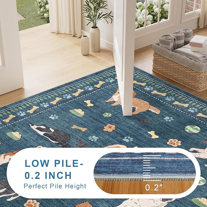 DUKINO 6x9 Rug for Living Room, Lightweight Animal Dog Print Washable Area Rug, Soft Non Slip & Low Pile Floor Mat, Stain Resistant Large Carpet for Bedroom, Nursery, Dining Room, Kids Playroom, Blue