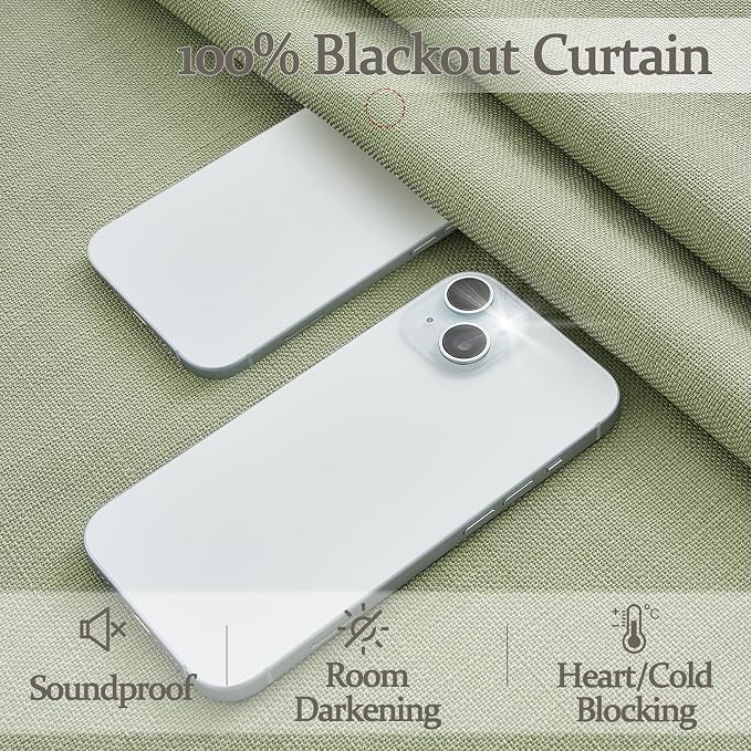 PleatedDrapes Memory Shape Pinch Pleated Blackout Curtains for Nursery 90 Inches Long, Linen Double Layer Light Green Noise Cancelling Insulated Modern Windows Drapes for Kids Room Back Tab 2 Panels