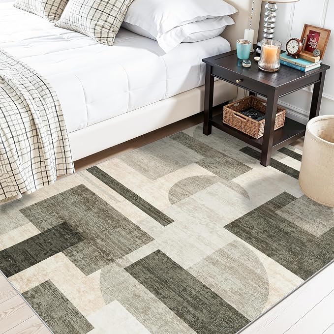 4x5 Washable Entryway Office Rug: Mid Century Modern Area Rugs Geometric Non Slip Soft Low Pile Indoor Carpet for Living Room Bedroom Kitchen Bathroom Entrance (Beige/Olive Green/Gray, 4X5)
