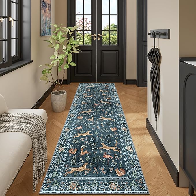 DUKINO 2.6x8 Rug for Hallway, Washable Kitchen Runner Rug with Non Slip Backing, Soft Low Pile Vintage Animal Runner for Bedroom, Kitchen, Hallway, Entryway, Laundry, Blue