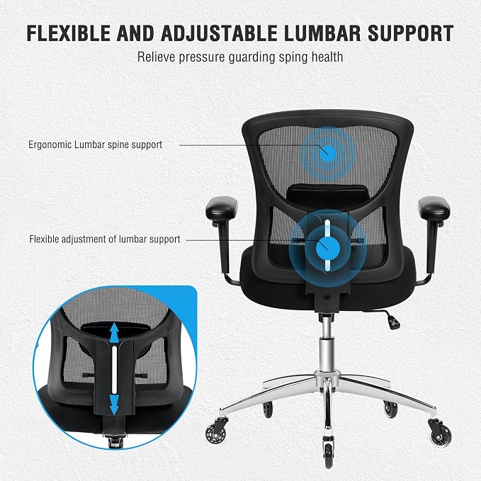 Big and Tall Office Chair 600lbs, Heavy Duty Ergonomic Mesh Chair, Computer Executive Desk Chair with Wide Thick Seat, Adjustable Armrests, Lumbar Support (Black, 600LBS)