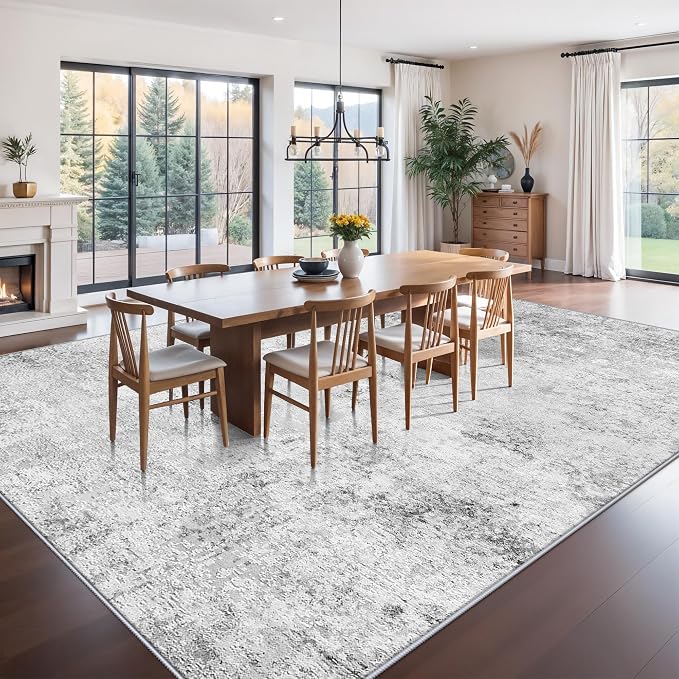 7x9 Living Room Area Rug: Abstract Washable Non-Slip Dining Room Rugs for Under Table Bedroom Nursery - Stain Resistant Low Pile Carpet Ultra Thin Soft Neutral Throw Floor Mat for Home Decor(7x9 Grey)