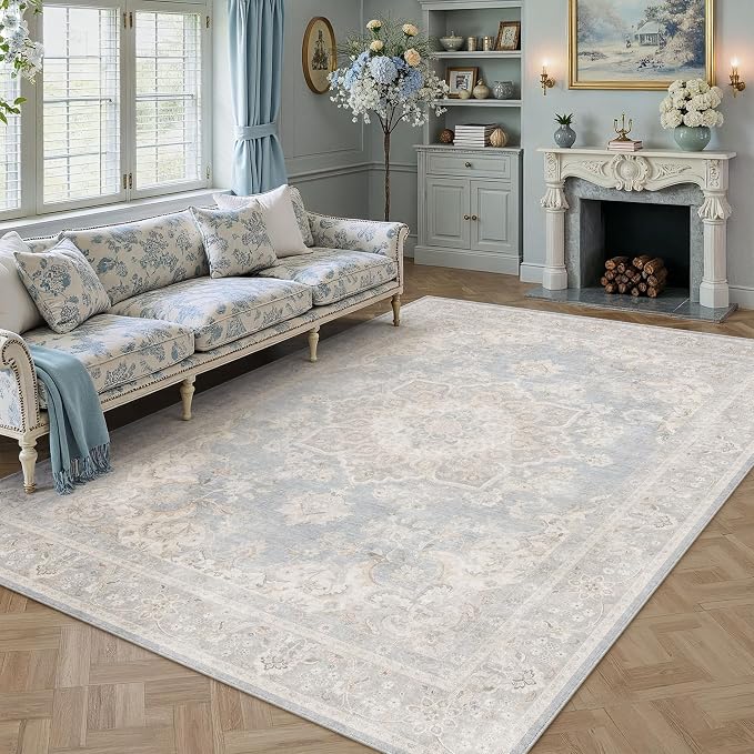 PureCozy Blue 10x12 Area Rug for Living Room Washable Vintage Large Carpet Non Slip Low Pile Indoor Bedroom Soft Retro Oriental Medallion Accent Throw Rug for Kitchen Dining Room Office