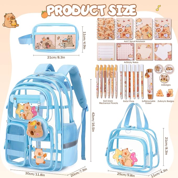 Capybara Theme Clear Backpack, 28Pcs School Supplies Stationery Transparent Backpack Set with Lunch Box Pencil Case Pens Notebooks for Kids Girls Elementary Middle School Stadium Approved