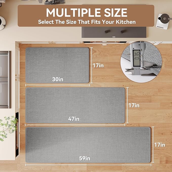 YDKGL Kitchen Rugs Mat Non Slip Washable, Linen-Look 0.3" Thick Soft Cushioned Absorbent Kitchen Mats for Floor, Mild Anti-Fatigue Runner Rug Sink Mat Laundry Standing Mats, Easy Clean, Gray 17"x47"