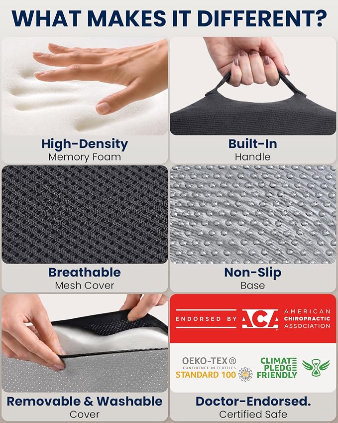 5 STARS UNITED Seat Cushion - Memory Foam Chair Cushion for Tailbone Pain Relief - Ergonomic Support for Coccyx, Sciatica & Butt - Office, Desk & Gaming Chair, Car Seat, Wheelchair, Airplane, D Gray
