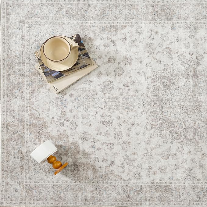 PureCozy 6x9 Area Rug Washable Neutral Beige Vintage Living Room Bedroom Carpet Non Slip Low Pile Soft Floral Indoor Throw Rug for Dining Room Office